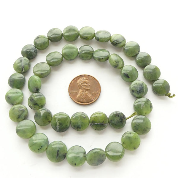 Jade (Nephrite) Flat Rounds, Slightly Puffy Small, 10mm on 16-inch Strands