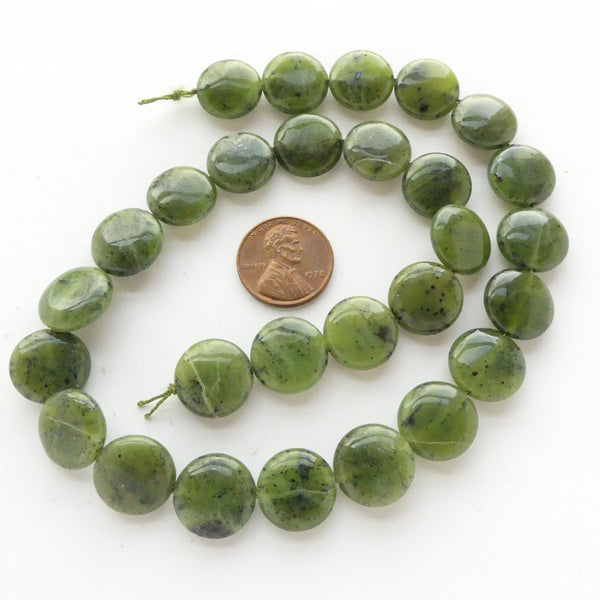 Jade (Nephrite) Flat Rounds, Slightly Puffy, 14mm Diameter on 16-inch Strands