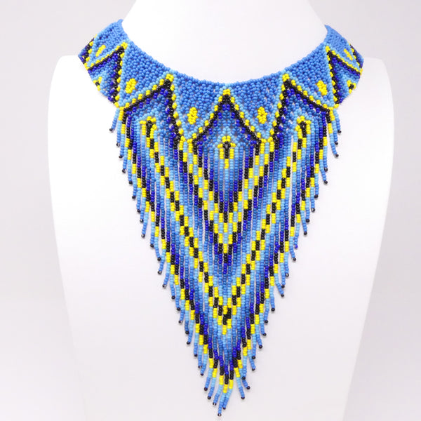 Collar with Fringe, Nativo Style with Blue & Turquoise, 18" Neckline plus 7" Fringes