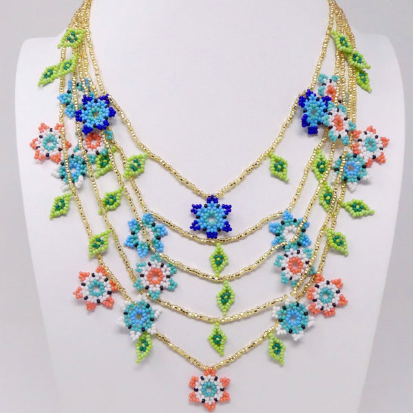 Floracita, Multi-Strand Necklace, Bright Flowers with Gold, 28 Inches long