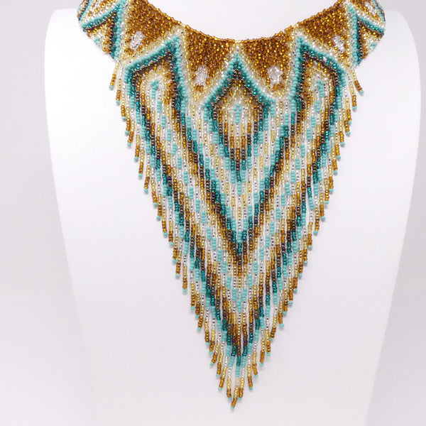 Collar with Fringes, Shimmering Silver-Lined Beads with Turquoise, 18" Necklace + 7" Fringe