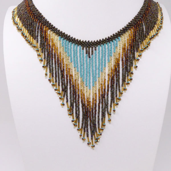 Kinetic Energy, Flowing V Necklace in  Turquoise, Gold & Bronze, 18" Long plus 4" Fringe