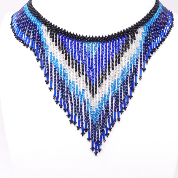 Kinetic Energy, Flowing V Necklace in Silver, Metallic Blue & Black, 18" Long + 4" Fringes