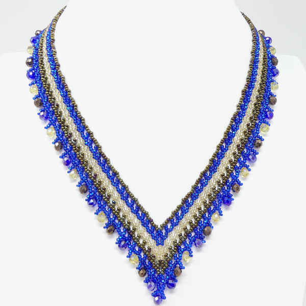 Crystal Vivi Necklace, Blue, Light Gold & Bronze Seed Beads, with Crystals, 19 inches