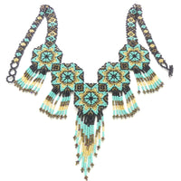 Mandala Necklace with Fringes, Turquoise, Black, Bronze & Gold, Adjustable to 22 inches