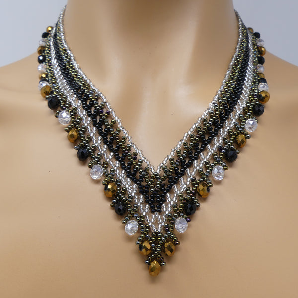 Crystal Vivi Necklace, Blac, Bronze & Silver Seed Beads with Crystals, 19 inches