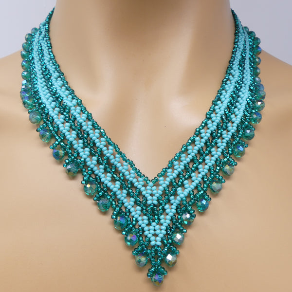 Crystal Vivi Necklace, Turquoise and Teal Glass Seed Beads with Teal AB Crystals, 19 inches