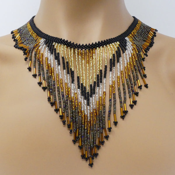 Kinetic Energy, Lightweight Flowing V Neck in Gold, Silver, Bronze & Black, 18" + 4" fringes