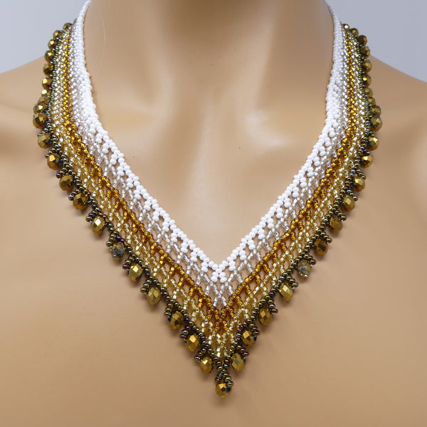 Crystal Vivi Necklace, White, Silver, Copper, Gold & Bronze Seed Beads, 19 inches