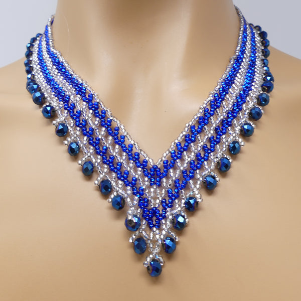 Crystal Vivi Necklace, Clear & Blue Silver-Lined Seed Beads with Blue Iris Crystals, 19 inches