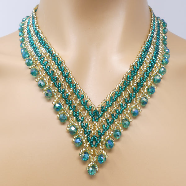 Crystal Vivi Necklace, Gold & Silver-Lined Emerald Seed Beads with AB Crystals, 19 inches