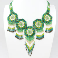 Mandala Necklace with Fringes, Emerald & Turquoise with White & Gold Accents,