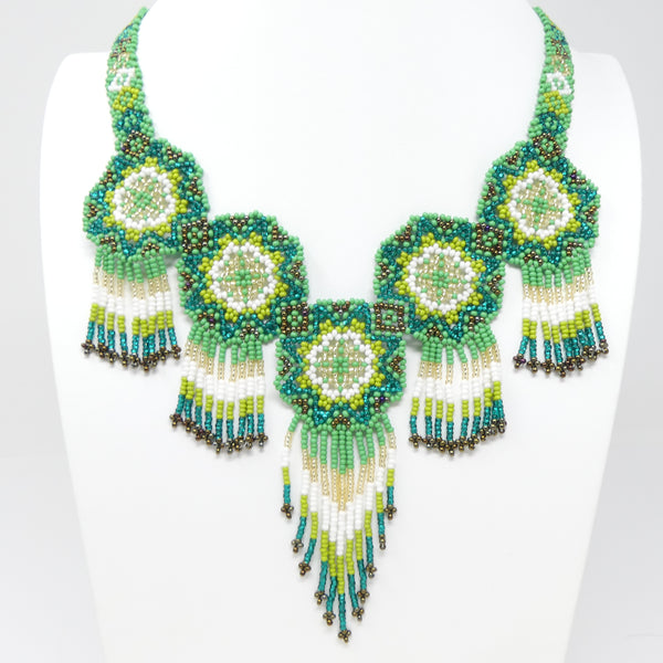 Mandala Necklace with Fringes, Emerald & Turquoise with White & Gold Accents,