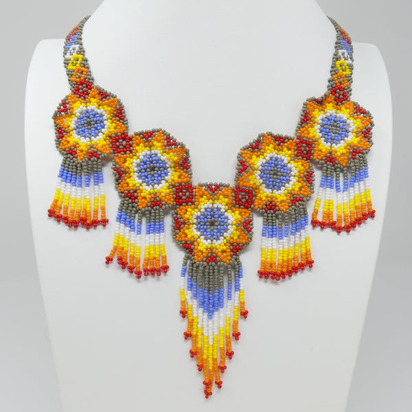 Mandala Necklace with Fringes, Sunset Colors with Cornflower & White, 22 inches