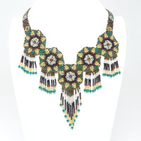 Mandala Necklace with Fringes, Bronze Gold & Emerald, 22 inches