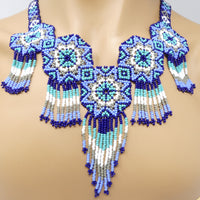 Mandala Necklaces with Fringes, Turquoise, Blue-Grey with White & Black, 22 inches