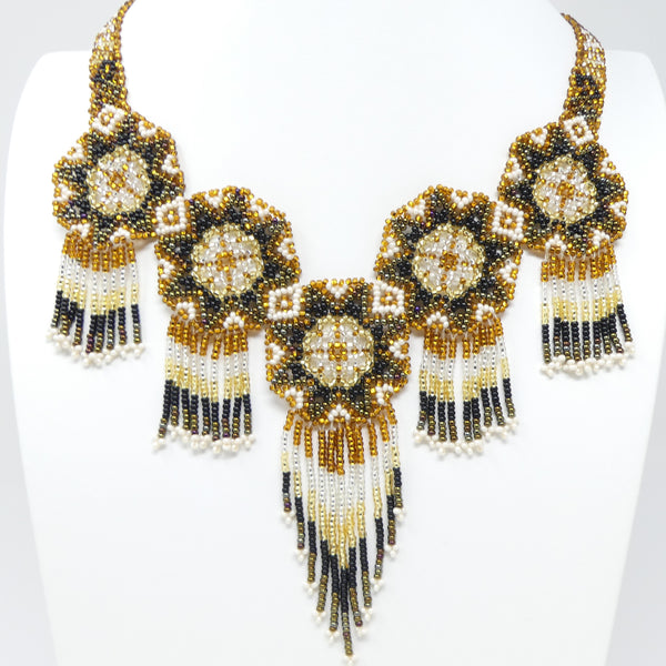 Mandala Necklace with Fringes, Light & Dark Gold, Bronze & Black with White Seed Beads, 22 inches