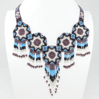 Mandala Necklace with Fringes, Turquoise, White, Purple, Silver & Black, 22 inches