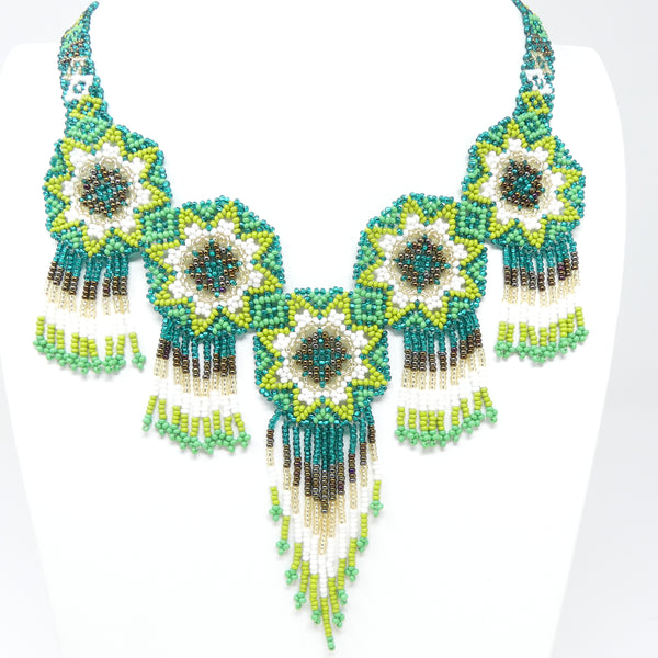 Mandala Necklace with Fringes, Lime, Emerald, Turquoise & White, 22 inches long