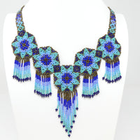 Mandala Necklace with Fringes, Turquoise, Blues and Bronze, 22 inches long