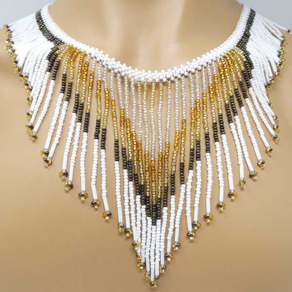 Kinetic Energy Flowing V Necklace in White, Bronze, Silver & Gold, 18" long with 4.5" fringe