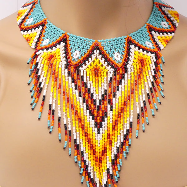 Collar with Fringe, Nativo Style Turquoise & Sunset Colors, Neckline 18" plus 7" Fringe
