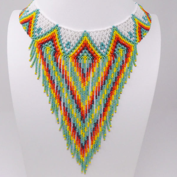 Collar with Fringe, Nativo Style, White with Multi-color, Neckline 18" plus 7" Fringe