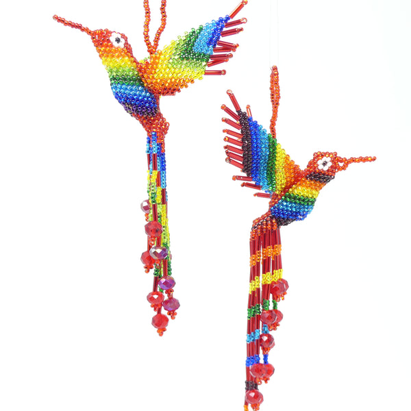 Hummingbird Ornament, Red and Rainbow, About 7 inches long