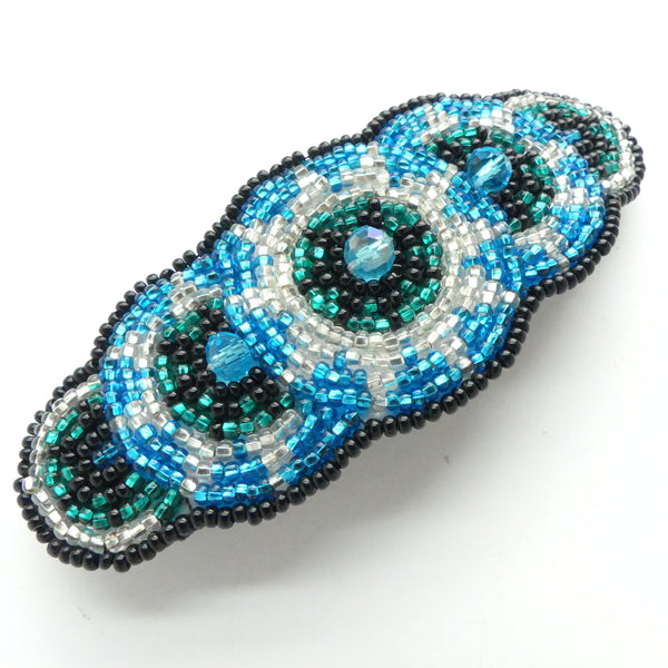 Hair Clip, 5 Circles Style, Aqua & Clear Crystal Silver-Lined with Black Accents, 4 inches wide