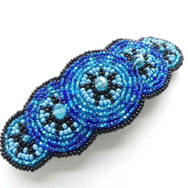 Hair Clip, 5 Circles Style, Silver-Lined Aqua & Blue Pearl with Black Accents, 4 inches wide