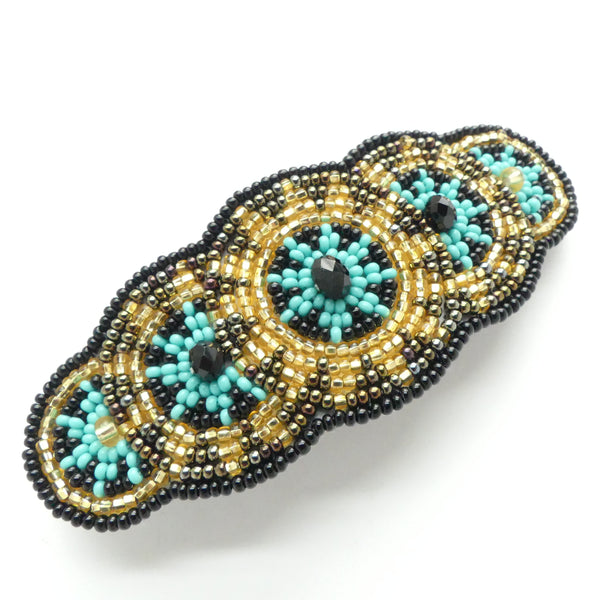 Hair Clip, 5 Circles Style, Silver-Lined Gold, Bronze, Turquoise & Black, 4 inches wide