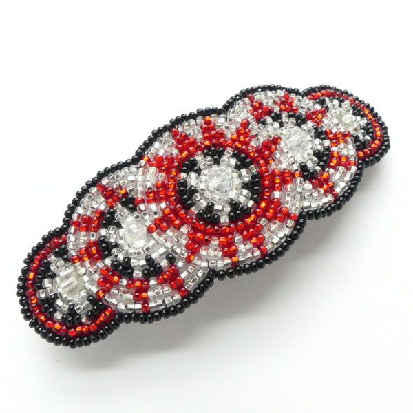 Hair Clip, 5 Circles Style, Red with Black and Silver-lined Crystal Beads, 4 inches wide