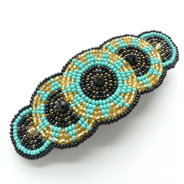Hair Clip, 5 Circles Style, Turquoise, Silver-Lined Gold & Black, 4 inches diameter