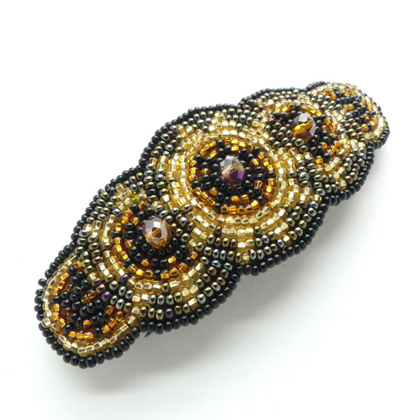 Hair Clip, Five Circles Style, Light and Dark Gold with Bronze Seed Beads, 4 inches Long