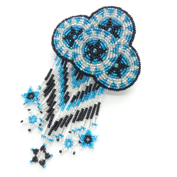 Hair Clip, Clouds & Rain Design, Silver-Lined Aqua and Crystal Seed Beads, 5 inches long
