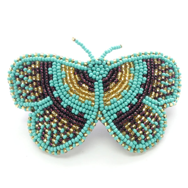 Hair Clip, Butterfly without Fringe, Silver-lined Gold & Amethyst with Turquoise, 4 inches wide