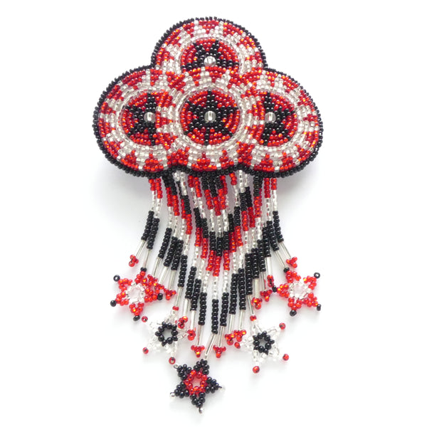 Hair Clip, Clouds & Rain Style, Silver-Lined Red & Crystal with Black Seed Beads, 5 inches long