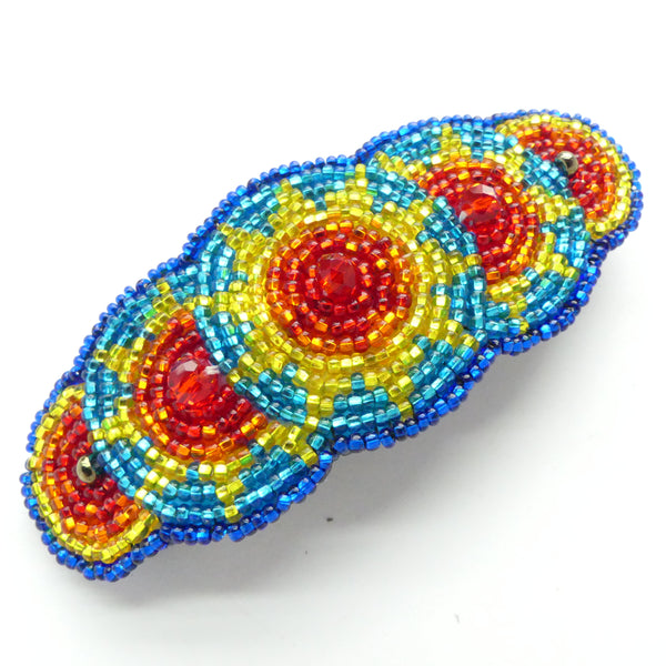 Hair Clip, 5 Circles Style, Colorful Rainbow in Silver-Lined Seed Beads, 4 inches wide