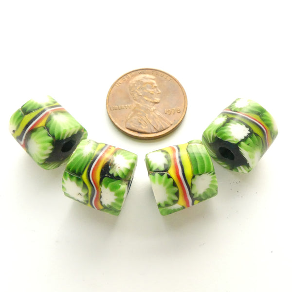 Millefiori Antique Venetian Trade Beads, Green & White Chevron Design, Set of 4