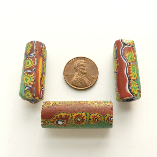 Millefiori Antique Venetian Trade Beads, Green/Brown w/ Starburst, 33x13mm, Sold Individually