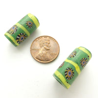 Millefiori, Green, Antique Venetian Trade Beads, 20x12mm, Set of 2