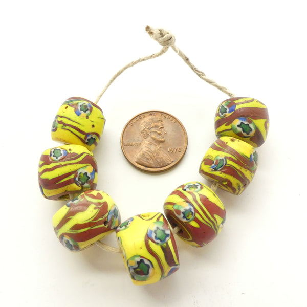 Millefiori Antique Venetian Trade Beads, Yellow & Brown with Star Murrini, Sets of 7