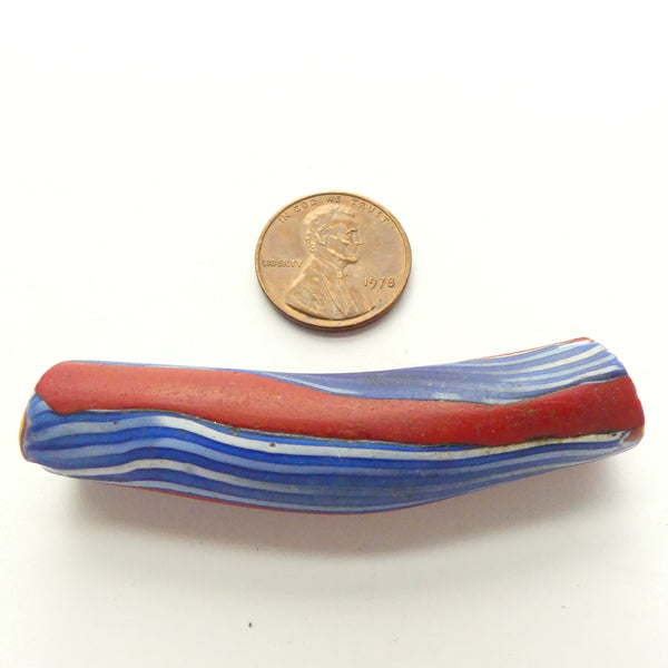 Millefiori Antique Venetian Trade Beads, Red and Blue/White Stripe Elbow, 60mm Long