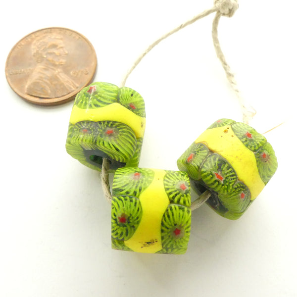 Millefiori Antique Venetian Trade Beads, Rare Yellow/Lime/Clear with Red Star, Sets of 3