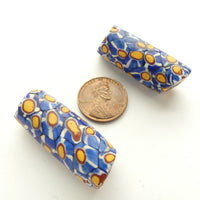 Millefiori Antique Venetian Trade Beads, Blue w/ Amber & White, Set of 2