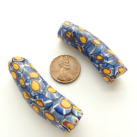 Millefiori Antique Venetian Trade Beads, Blue Elbows, 47x14mm, Set of 2