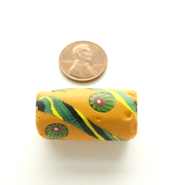 Millefiori Antique Venetian Trade Bead, Collectible Older Bead, Amber & Green, 30mm