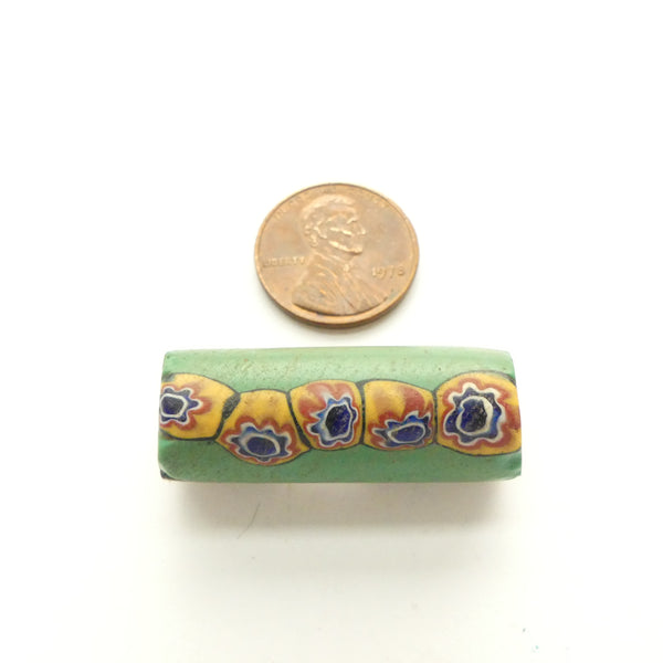 Millefiori Antique Venetian Trade Bead, Green with Chevron Pattern, 32x12mm