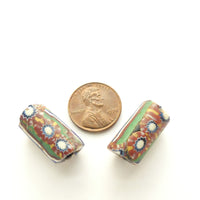 Millefiori Antique Venetian Trade Beads, Pair of Two Green & Multi, 20x10mm