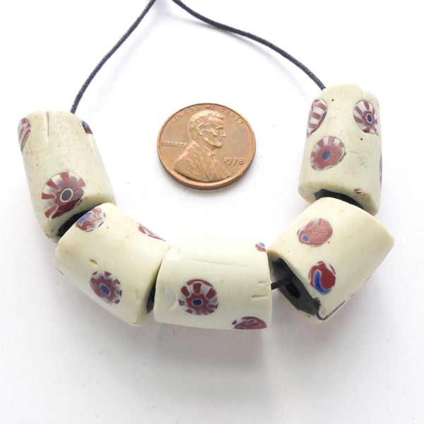 Bear Paw Millefiori Venetian Trade Beads, White, Set of 5 Beads